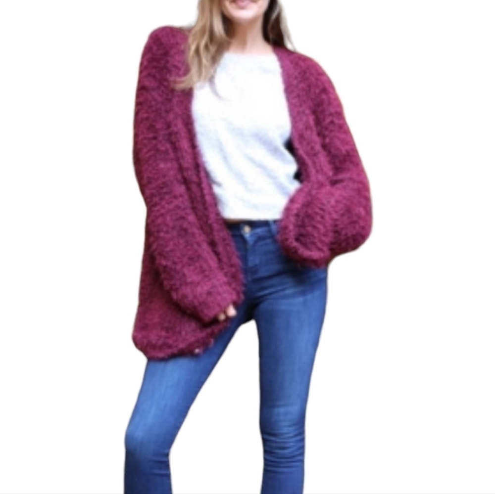 Kensie Burgundy Fuzzy Eyelash Open Front Longline Cardigan Sweater L Cozy